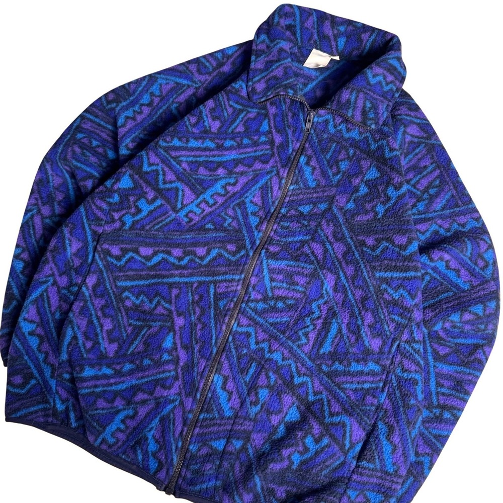 Vintage Geometric Fleece Jacket Blue Purple Abstract Full Zip Mock Neck Large - Picture 2 of 7